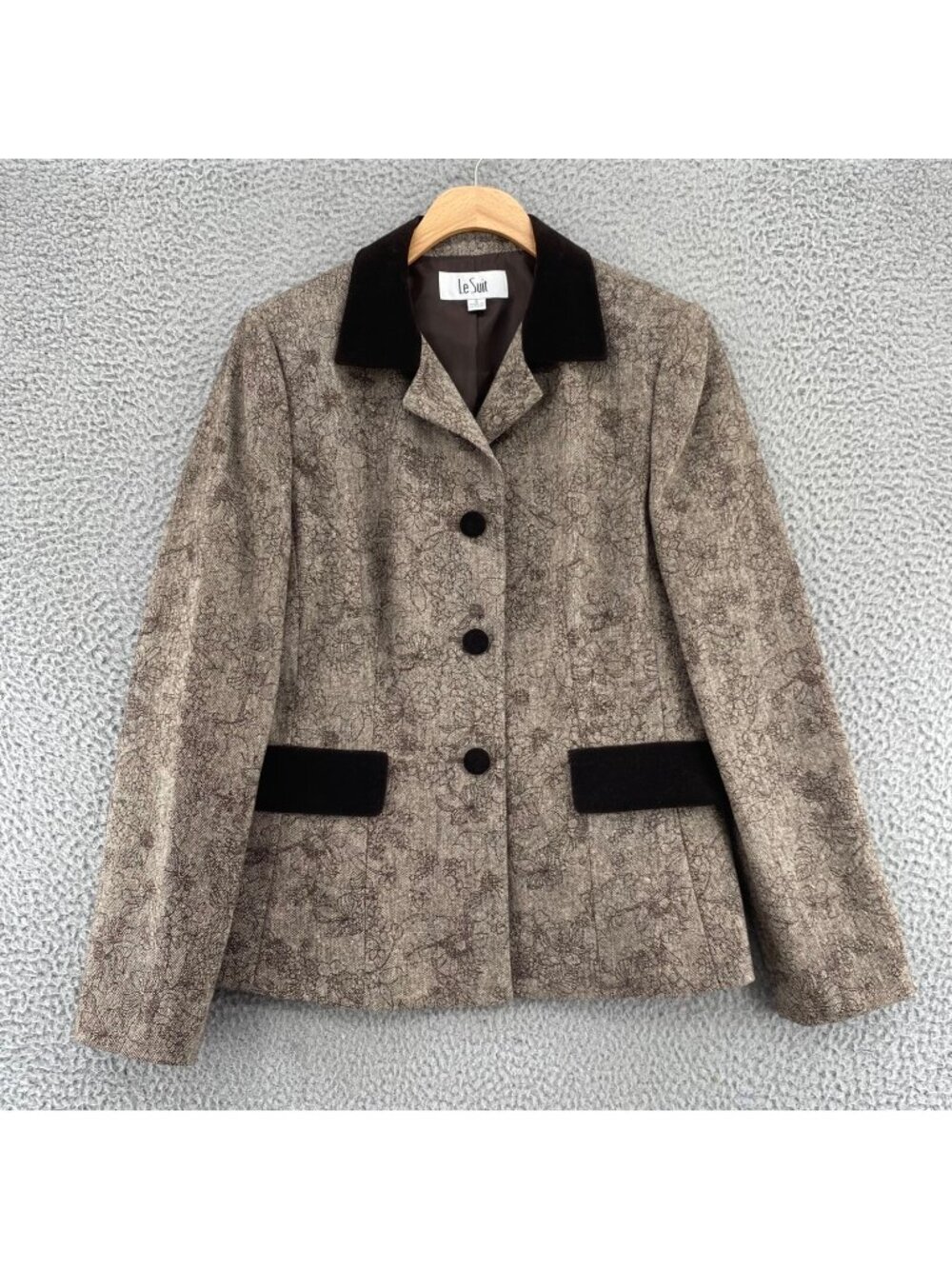 Le Suit Blazer Womens 8 Brown Wool Cotton Blend Floral Embroidery Jacket Pockets